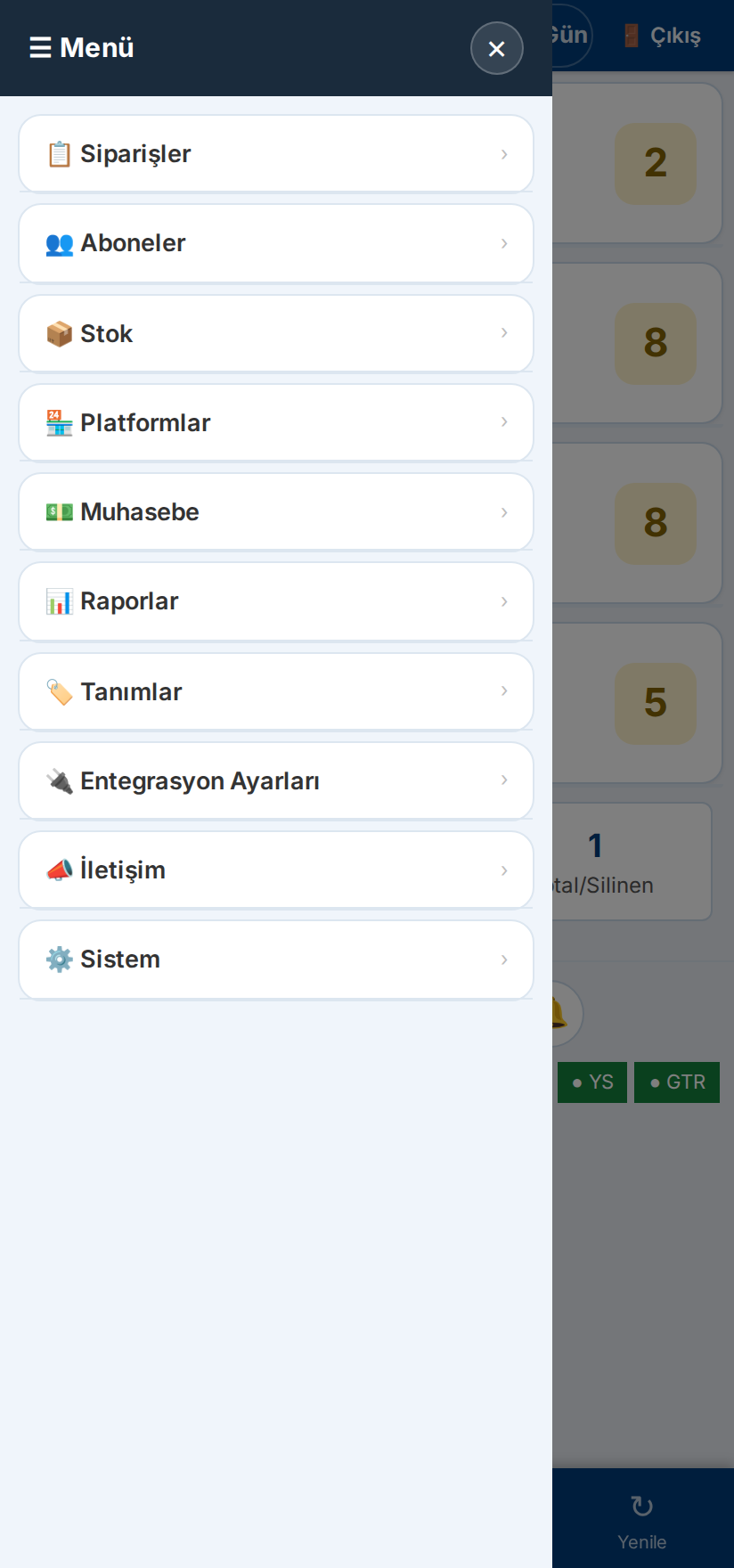 Yönetim paneli — mobil çekmece menü