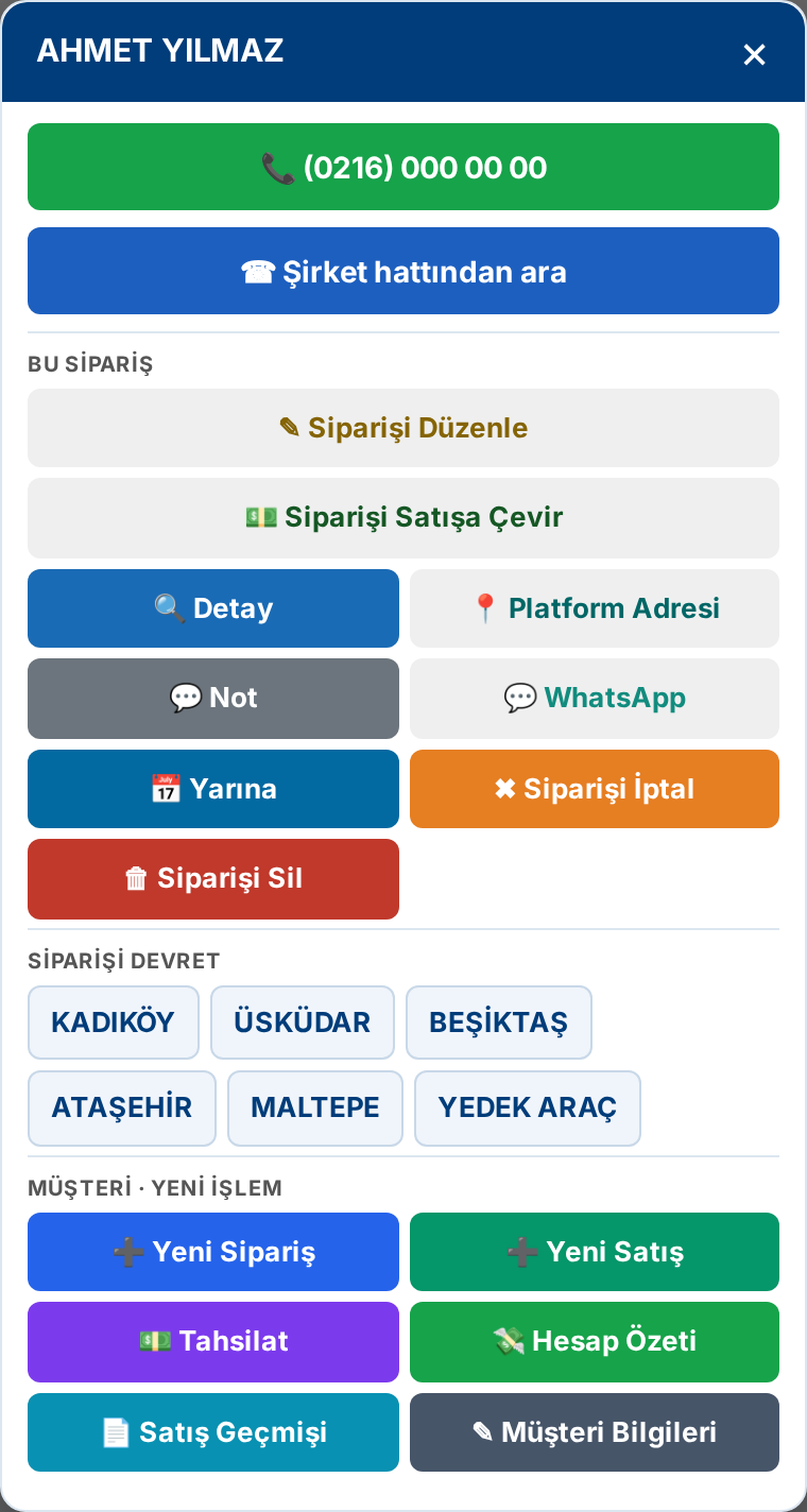 Sipariş işlem menüsü