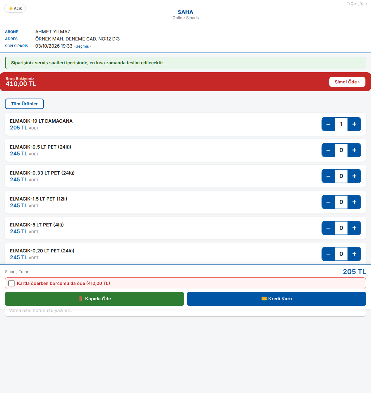 Online sipariş ekranı